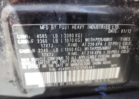 2012 Subaru Outback 2.5I Premium z USA, uszkodzony, nr VIN 4S4BRCCC3C3245461